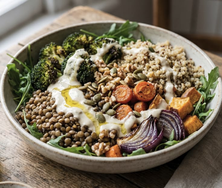 Colourful bowl with vegetables grains and herbs on a wooden table